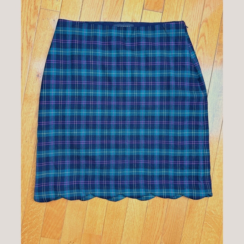 Talbots Petite Green Purple‎ Plaid Wool Blend Scalloped Hem Mini Skirt 4P PH5090